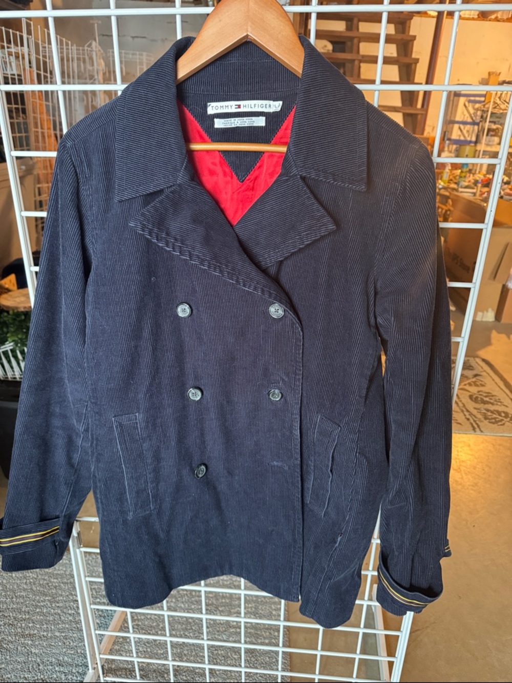 Tommy Hilfiger Navy Corduroy Double-Breasted Jacket with Red Lining Accents